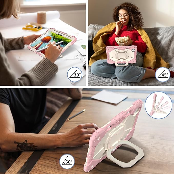 Dteck for iPad Pro 11 inch (M4/M5) 2024/2025 Release Shockproof Case with Shoulder Strap/Stylus Pencil Holder/Rotating Kickstand Handle, Heavy-Duty Sturdy Rugged Cover, Protective Tablet Shell, Pink