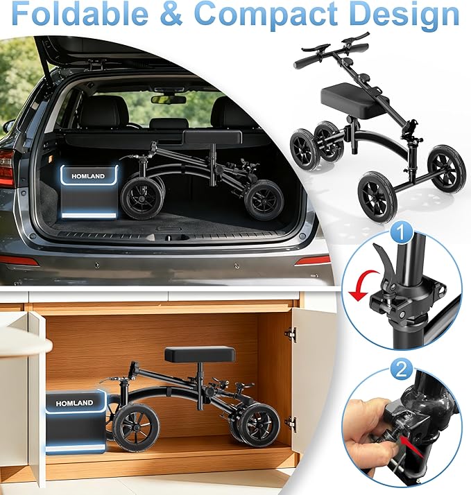HOMLAND Knee Scooter Walker for Adults Foot Injuries Ankle Surgery, Foldable Steerable Leg Scooters with Dual Handbrake, Height Adjustable Handle & Knee Pad, Removable Storage Bag, 300 lbs Capacity