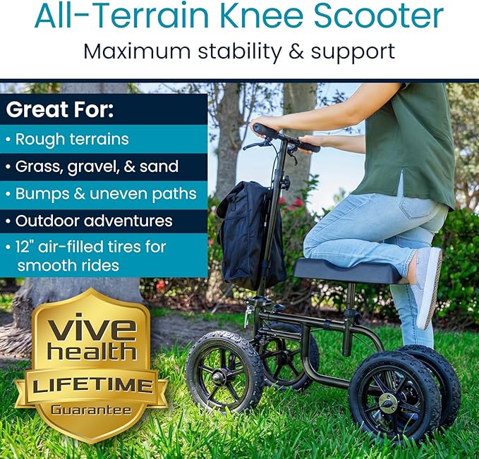 Vive Mobility All Terrain Knee Scooter Walker for Foot Injuries - Adult Broken Leg Crutch Cart Roller for Surgery, Broken Foot, Ankle Injury - Kneeling Rolling Steerable Seated Wheel Scooter Aid