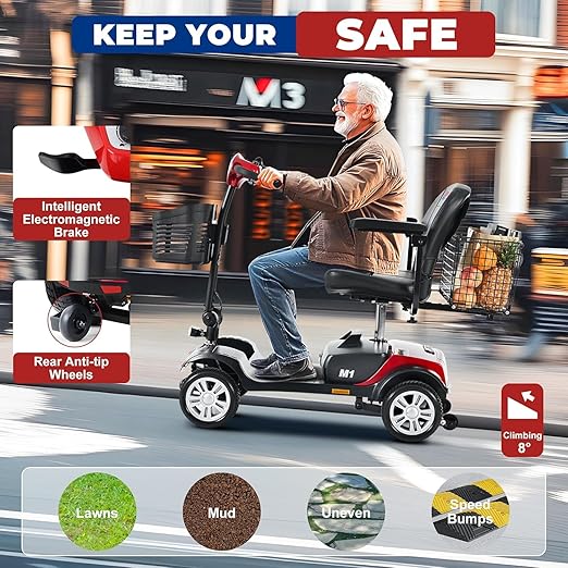 Metro Mobility 4 Wheel Powered Mobility Scooters, 300 lbs Capacity Mobility Scooters for Adults, Folding Mobility Scooter Lightweight, Electric Scooters for Seniors 10 Miles Range LED Light Red