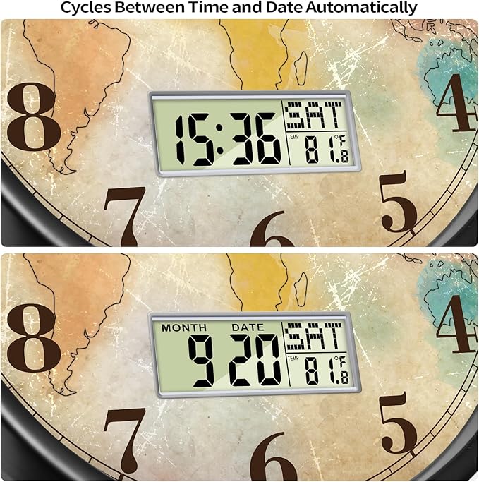 12'' Silent Non-Ticking Vintage Distressed World Map Wall Clock, Battery Operated Analog with LCD Date Day Temp Display, Retro Decor for Home Office Bar Man Cave Classroom