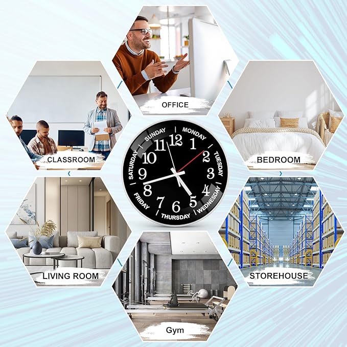 QINFIEY 12 Inch Day of Week Wall Clock, Non Ticking Modern Clocks Battery Operated，Analog Day Clock for Seniors Eldly，Classic for Office Home Classroom Bedroom School,Unique Gift Clock