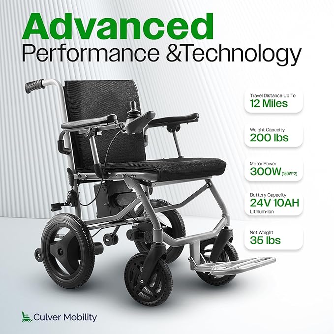 Culver Mobility Kano Foldable Electric Wheelchair, Travel Size, Wheelchairs for Adults Lightweight, Folding Power Chair - Black