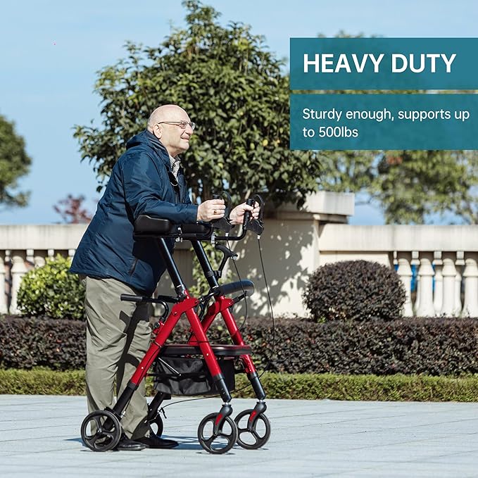 ELENKER Heavy Duty Upright Rollator Walker with Extra Wide Padded Seat and Backrest, Bariatric Stand Up Rolling Walker, Fully Adjustment Frame for Seniors, Red