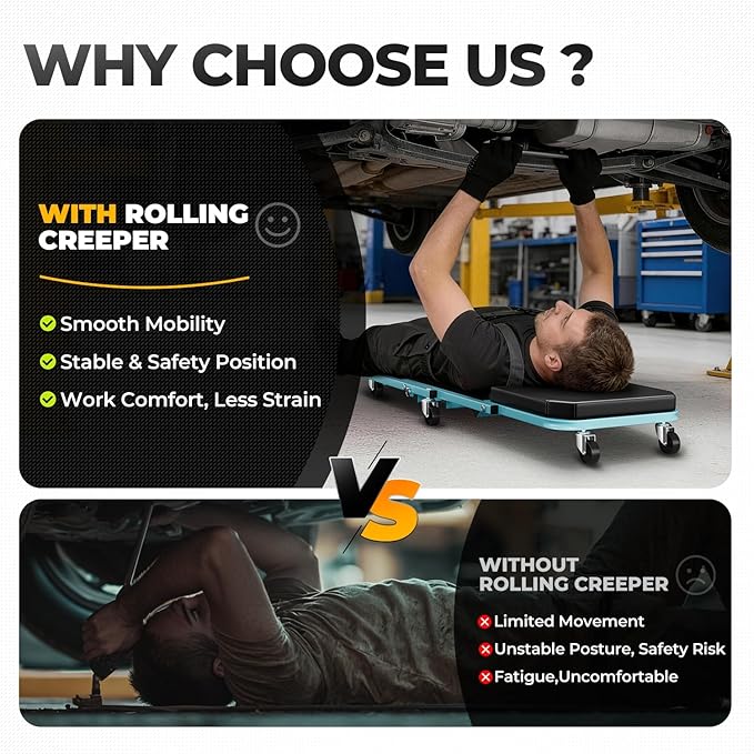Auto Dynasty 36" Z-Creeper Seat, 2-in-1 Foldable Garage Creeper Shop Seat, 330 LBS Capacity Automotive Mechanic Repair Under Car Rolling Creeper Seat, Sky Blue