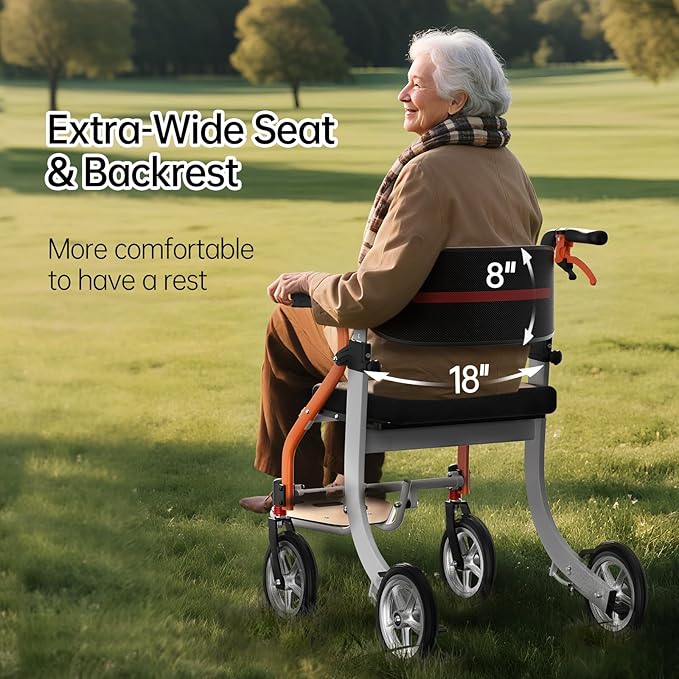 2 in 1 Walker Wheelchair Combo, Foldable Rollator Walkers for Seniors with Seat, Lightweight Rolling Walker with Height Adjustable, Easy Storage & Travel Walker Chair, No Installation, Orange