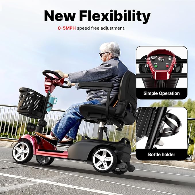 iScooter 4 Wheels Mobility Scooter, Up to 300LBS Mobility Scooter for Seniors & Adults, Foldable Electric Wheelchair Device, LED Headlight, Basket, Cup Holder,Long Range,USB Charging