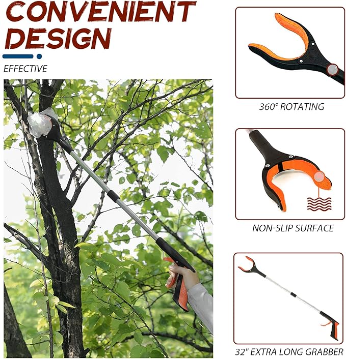 2 Pack Grabber Reacher Tool, 32" Reaching Assist Tool, Foldable Claw Pick Up Stick, Trash Litter Picker, Hand Grabbers, Long Arm Extender(Orange)