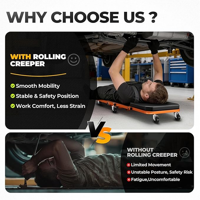 Auto Dynasty 36" Z-Creeper Seat, 2-in-1 Foldable Garage Creeper Shop Seat, 330 LBS Capacity Automotive Mechanic Repair Under Car Rolling Creeper Seat, Orange