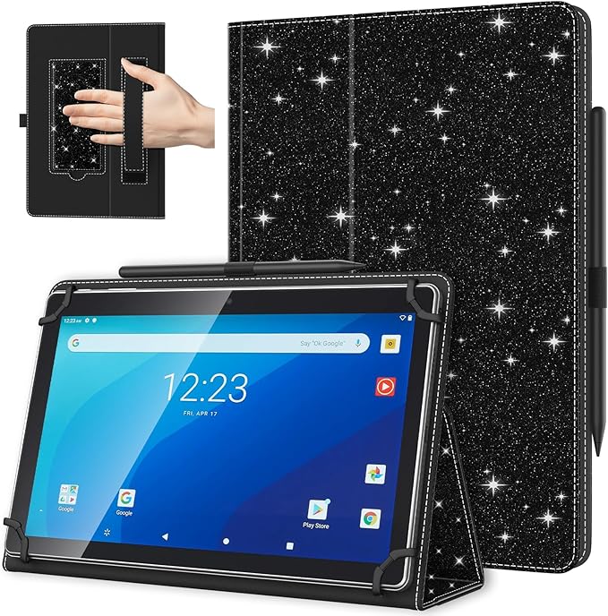 TiMOVO Universal Case for 10.1 Inch Android Tablet with Pen Loop, Lightweight Folding Stand Cover with Hand Strap for All 9.6"-11" Touchscreen Tablet, Glitter Black