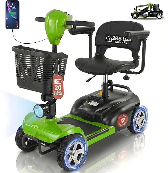 DECOMIL – Portable Mobility Scooter for Seniors, Foldable Electric Powered Scooter. Medical Travel Scooter for Adults, 4 Wheels, Lightweight and Portable (Green)