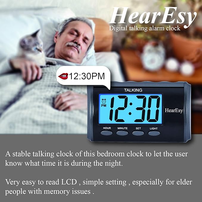 English Talking Alarm Clock for Visually Impaired - Large Numbers Desk Clock - Day Clock for Seniors - Battery Operated Large Display Alarm Clock, Digital Clock, Digital Alarm Clock (dark grey)