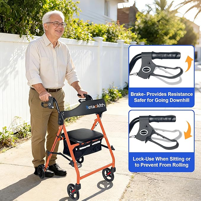 Rollator Walkers for Seniors with Seat, Foldable & One-Hand Carry, Upgraded Rolling Walker with Seat for Seniors, Handles Height Adjustable Rolling Walker for Seniors, Walking & Seated Rest, Orange