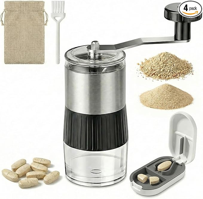 Small Portable Pill Crusher Grinder with Ergonomic Crank Handle,Grinds Pills to Fine Powder for Elderly,Crushes Multiple Small & Large Tablets & Vitamins,for Pets,Feeding Tube,Kids,Home & Travel Use