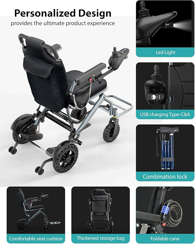 Lightweight Foldable Electric Wheelchair for Adults & Seniors, 33 lbs Portable Compact Motorized Wheelchairs, Dual 180W Motors 15 Miles Range All-Terrain Wheelchair, w/Bonus Cane & Lock