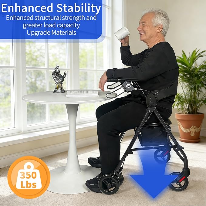Rollator Walkers for Seniors with Seat, Foldable & One-Hand Carry, Upgraded Rolling Walker with Seat for Seniors, Handles Height Adjustable Rolling Walker for Seniors, Walking & Seated Rest, Black