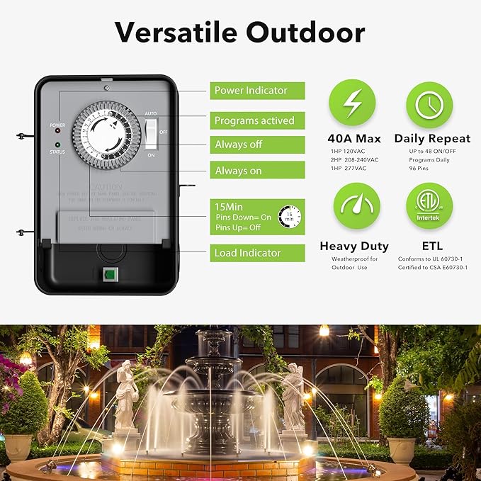 BN-LINK Pool Timer, Outdoor Mechanical Timer Switch for Water Heater, Pool Pump, Metal Casing, Heavy Duty 40A 120-277 VAC 2HP