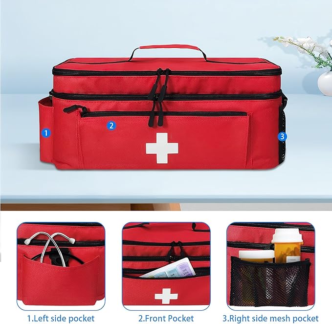 Meichoon First Aid Bag Empty Large Medical Kit Portable with Double-Layer Design Pill Box Storage Case Waterproof Travel Emergency Supplies Storage Bag for Car Home Office Outdoor Black