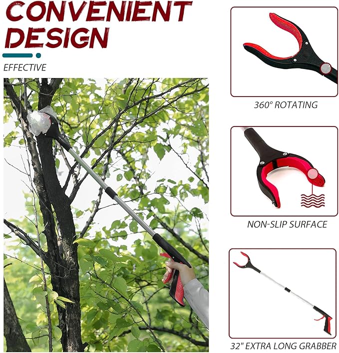2 Pack Grabber Reacher Tool, 32" Reaching Assist Tool, Foldable Claw Pick Up Stick, Trash Litter Picker, Hand Grabbers, Long Arm Extender (Red)