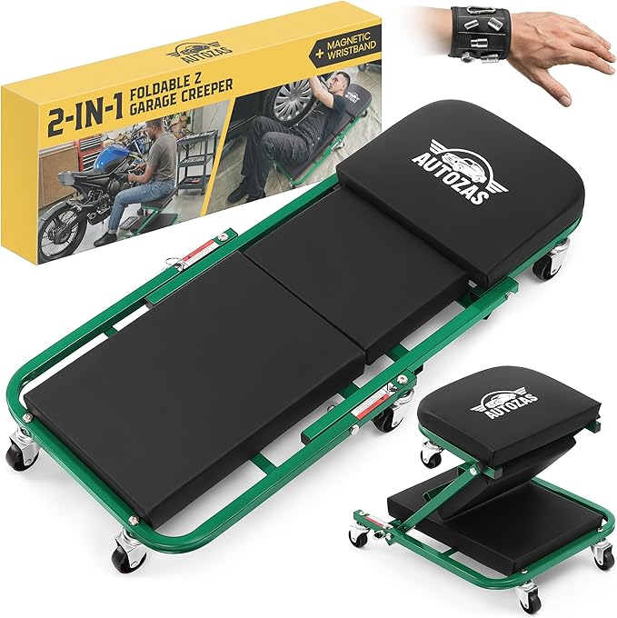 Creepers Automotive Mechanic Creeper Seat & Under Car Roller, 300lb Heavy Duty Foldable Garage Creeper with 360° Swivel Wheels, Magnetic Wristband, Low Profile Green Car Creeper for Mechanics