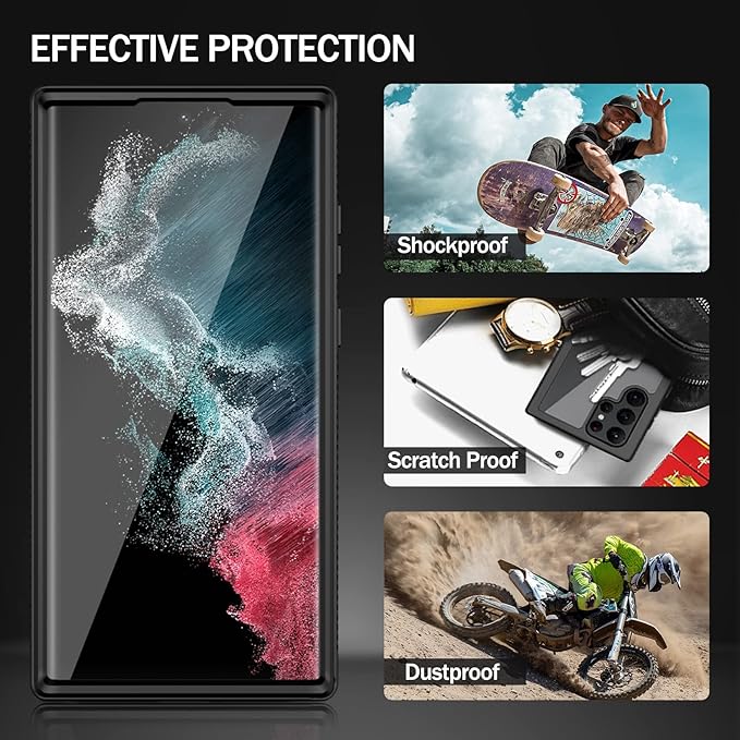 wahhle Compatible with Samsung Galaxy S22 Ultra Case, Built in Screen Protector Full Body Shockproof Slim Fit Bumper Protective Phone Cover for Samsung S22 Ultra 5G-Black/Clear
