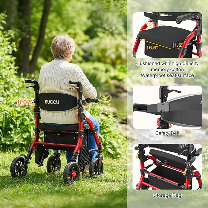 Rollator Walkers for Seniors with Seat, 2-in-1 Walker Wheelchair Combo, Foldable Rolling Walker with Seat, Wheelchairs for Adults – 400 lbs Capacity, Adjustable Height