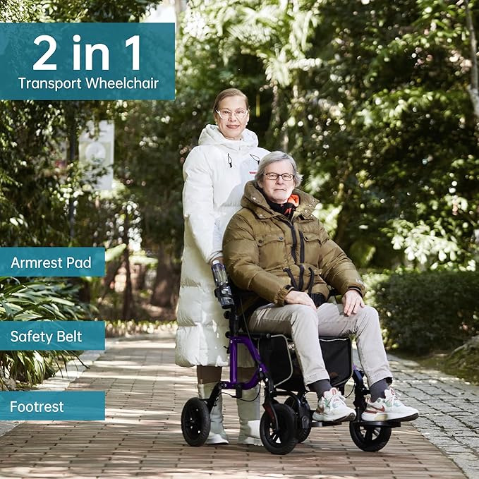 ELENKER All-Terrain 2 in 1 Rollator Walker & Transport Chair, Folding Wheelchair with 10” Non-Pneumatic Wheels for Seniors, Reversible Backrest & Detachable Footrests, Purple