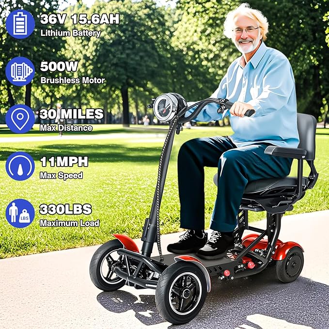 Mobility Scooters for Seniors & Adults– 4 Wheel Foldable Portable Electric Scooter, 500W Dual Motor, 30-Mile Range, 11 MPH, All-Terrain Lightweight Folding Mobility Scooter Lightweight for Adults