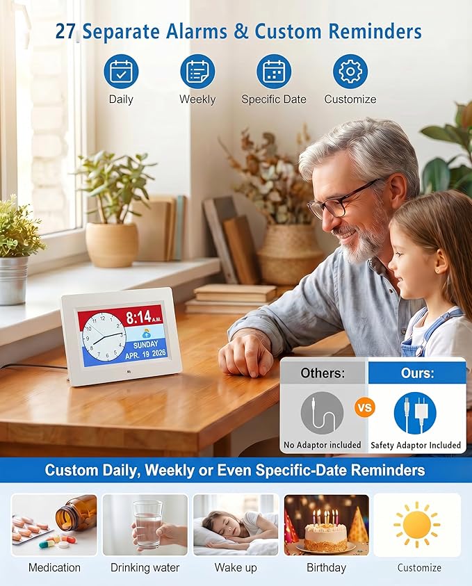 27 Alarms Digital Clock with Voice-Talking Time, Auto DST, 20 Custom Reminders, 10-Level Night Dimmer, Sleep Trainer, Day Date Week Calendar Clock for Seniors Dementia Alzheimers- 7 Inch with Remote