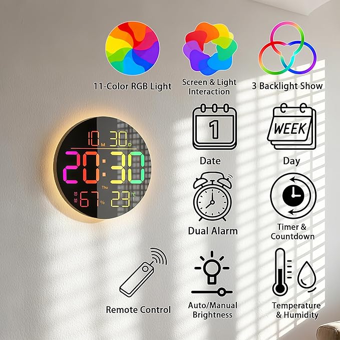 JENLYSTIME 10 Inch LED Digital Wall Clock with RGB Backlight and Countdown Timer｜11 Colors, Dual Alarm, Adjustable Brightness, Temperature & Humidity Display, Modern Silent Clock for Home, Office