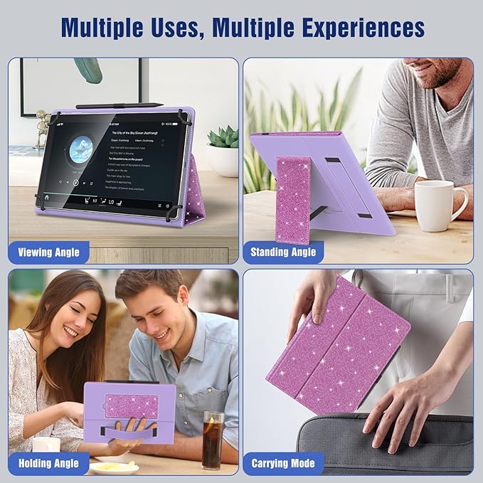 TiMOVO Universal Case for 10.1 Inch Android Tablet with Pen Loop, Lightweight Folding Stand Cover with Hand Strap for All 9.6"-11" Touchscreen Tablet, Glitter Purple