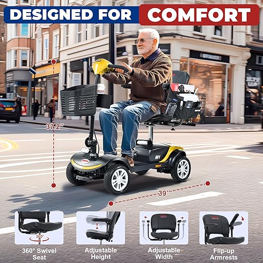 Metro Mobility 4 Wheel Powered Mobility Scooters, 300 lbs Capacity Mobility Scooters for Adults, Folding Mobility Scooter Lightweight, Electric Scooters for Seniors 10 Miles Range LED Light Yellow
