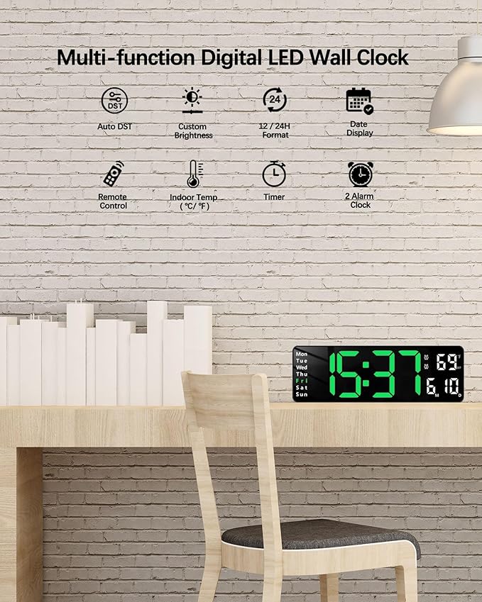 JoFomp Digital Wall Clock - 13" Large LED Display, Loud Alarm, Remote Control, DST, Auto-Dimming, Date and Day, Timer, Temperature - 12/24H Format - Ideal for Living Room, Bedroom, Kitchen