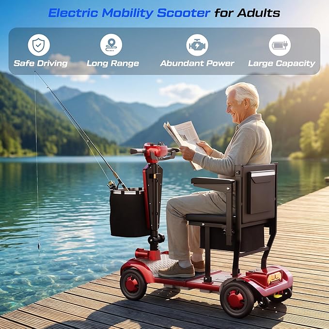 Lightweight Mobility Scooter for Seniors & Adults Cruise Travel, 4 Wheel Mobility Scooter- 37lb Foldable Portable Motorized Scooters with Removable Lithium Battery & Basket for 15Miles Travel, Red