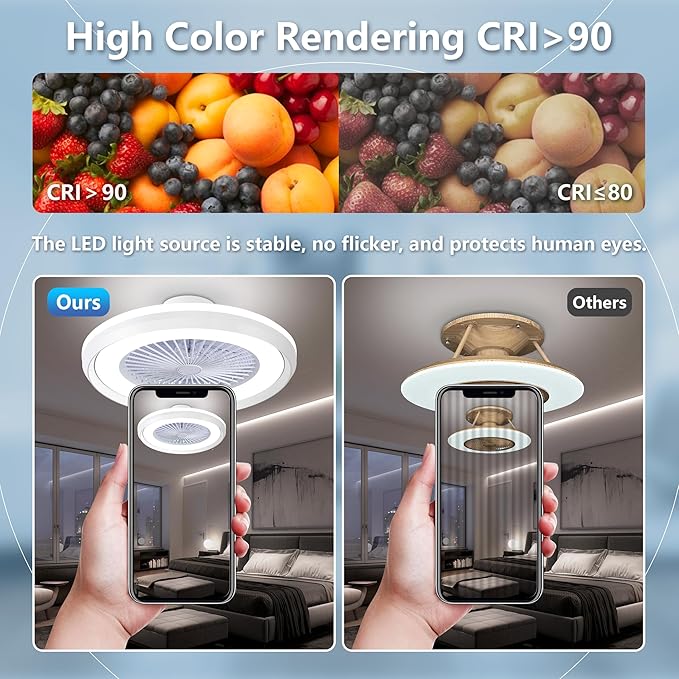 24" Bladeless Ceiling Fans with Lights and Remote/APP/Voice Control, Low Profile Ceiling Fan with RGB Lights, Smart Flush Mount Ceiling for 6 Speeds Timing Reversible