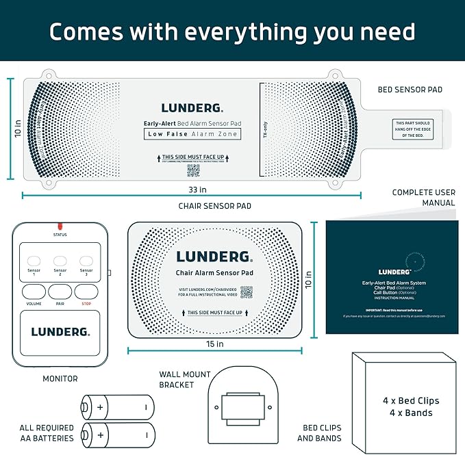 Lunderg Wireless Bed and Chair Alarm Set Early-Alert Pad and Pager for Seniors