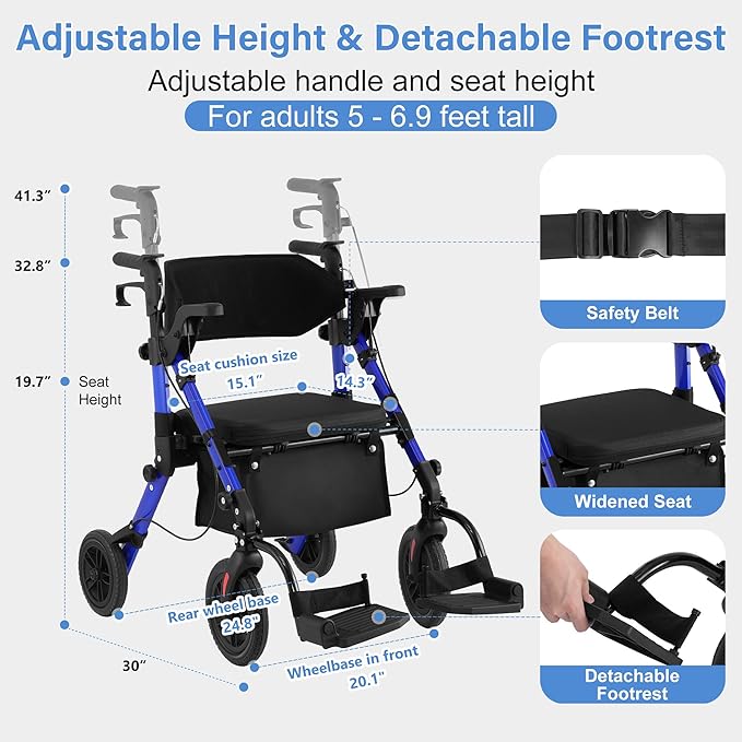 Walkers for Seniors with Seat, Walker Wheelchair Combo, 2 in 1 Rolling Walker Transport Wheelchair Lightweight Foldable, 10" Big Wheels Transport Chair with Brakes,Blue