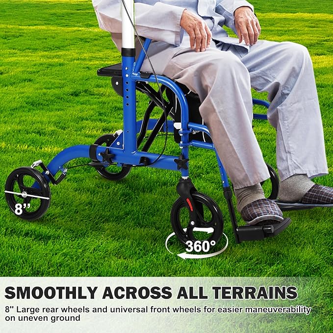 Walker for Seniors,Folding Walker and Transport Wheelchair Combo for Seniors - Lightweight Aluminum All-Terrain Rollator with Seat, Backrest, Hand Brakes & Footrests