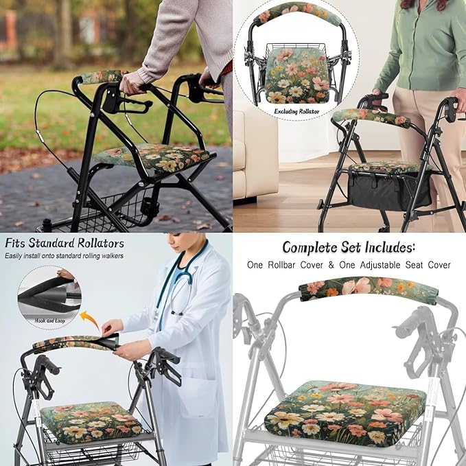 3 Pcs Sets Universal Fit Walker Seat Cover Rollator Walker Seat & Backrest Covers, Wildfloral Rollator Storage Under Seat Bag, Easy to Install Washable Reusable