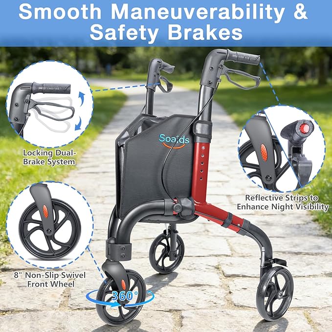 3 Wheel Walkers for Seniors with Bag and Hand Brakes, Lightweight Foldable Rollator with Swivel Front Wheel, Adjustable Height, Compact Mobility Aid for Elderly, Indoor Outdoor Use (Red)