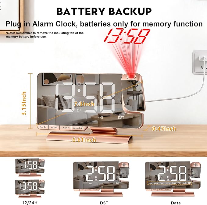 SZELAM Alarm Clock Bedside with Projection Digital Clock,7.3" Mirror Clock with 180°Rotating Projector,Dual Alarm with 3 Mode,Brightnee Adjust,DST,Snooze,Charging Port,5 Levels Volume for Desk Teens
