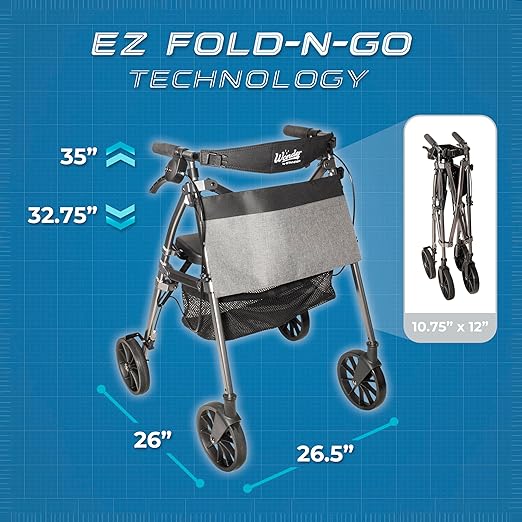 Stander Wonder Rollator Plus with 8-inch All-Terrain Wheels, Lightweight Folding Rolling Walker with Seat, Locking Brakes and Backrest, EZ Fold-N-Go-Rollator for Seniors and Adults, Black Walnut
