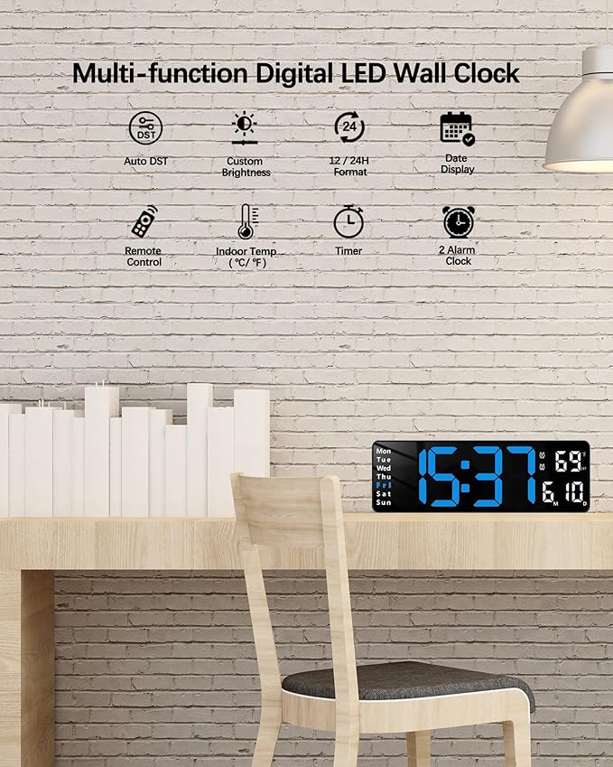 JoFomp Digital Wall Clock - 13" Large LED Display, Loud Alarm, Remote Control, DST, Auto-Dimming, Date and Day, Timer, Temperature - 12/24H Format - Ideal for Living Room, Bedroom, Kitchen
