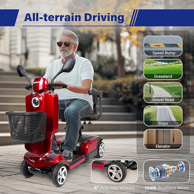 Wooken Powered Mobility Scooter, 4-Wheel Mobility Scooter for Adults, Seniors,264 lbs All Terrain Foldable Powered Mobility Scooter, Electric Powered Wheelchair Heavy Duty Mobility for Travel