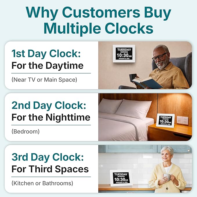 【New 2025】 Dementia Clock Large Clock for Seniors, Digital Clock with Custom Alarms, Clock with Day & Date for Elderly, Large Number Digital Clock White Extra Large
