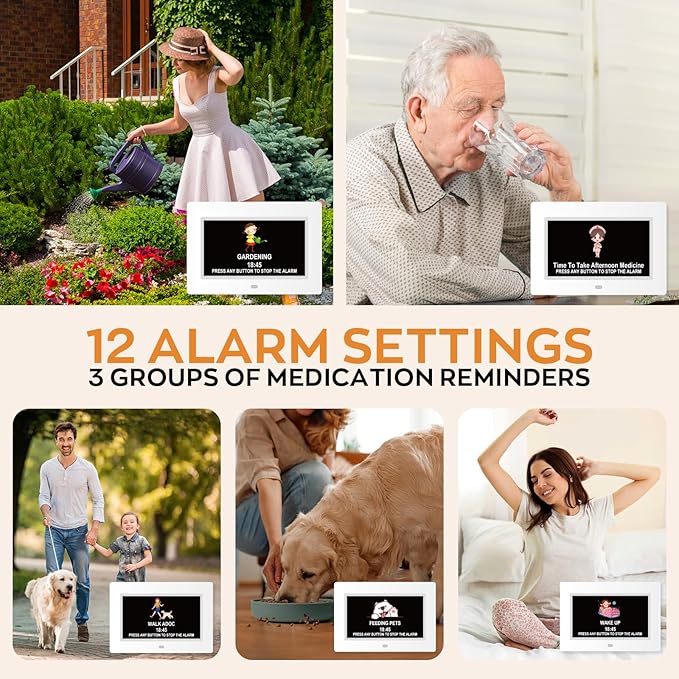 Digital Clock for Seniors with Day Date Time Large Display - 7 Inch Large Print Dementia Clock for Memory Loss and Visually Impaired, 12 Alarm Options, Non-Abbreviated, White