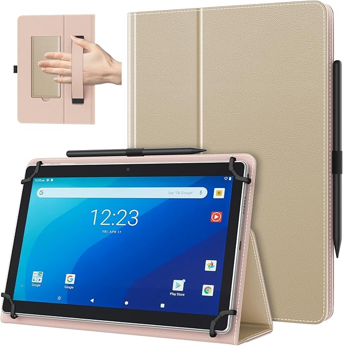 TiMOVO Universal Case for 10.1 Inch Android Tablet with Pen Loop, Lightweight Folding Stand Cover with Hand Strap for All 9.6"-11" Touchscreen Tablet, Champagne Gold