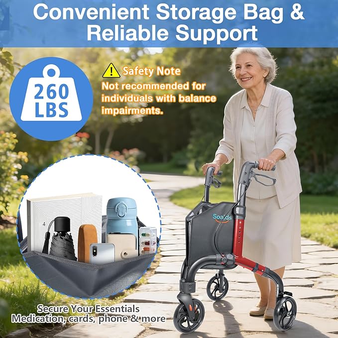 3 Wheel Walkers for Seniors with Bag and Hand Brakes, Lightweight Foldable Rollator with Swivel Front Wheel, Adjustable Height, Compact Mobility Aid for Elderly, Indoor Outdoor Use (Red)