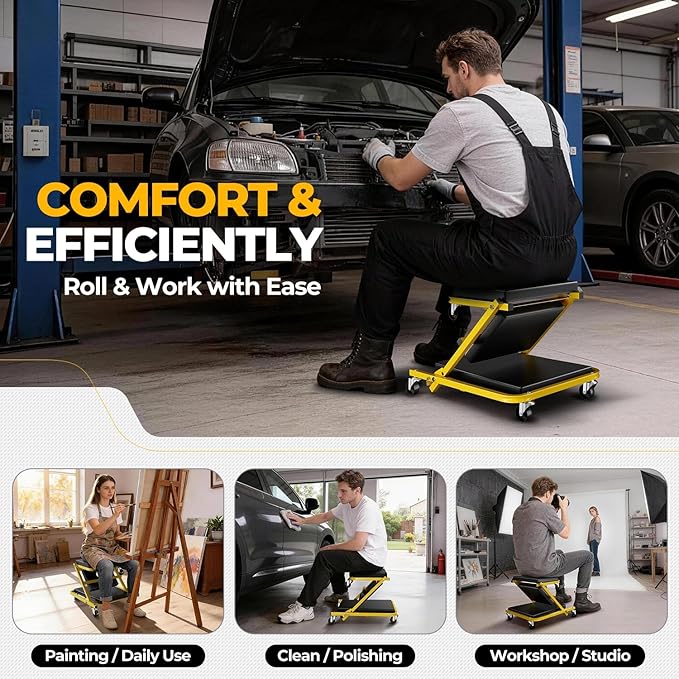 Auto Dynasty 36" Z-Creeper Seat, 2-in-1 Foldable Garage Creeper Shop Seat, 330 LBS Capacity Automotive Mechanic Repair Under Car Rolling Creeper Seat, Yellow