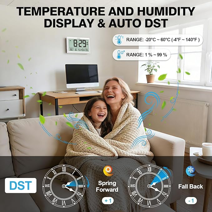 XREXS 10.4 Inch Digital Wall Clock, Battery Operated Large Display Clock, Digital Calendar with Indoor Temperature/Humidity/Date/Day, Auto DST for Classroom, Livingroom, Office(No Backlight)(White)